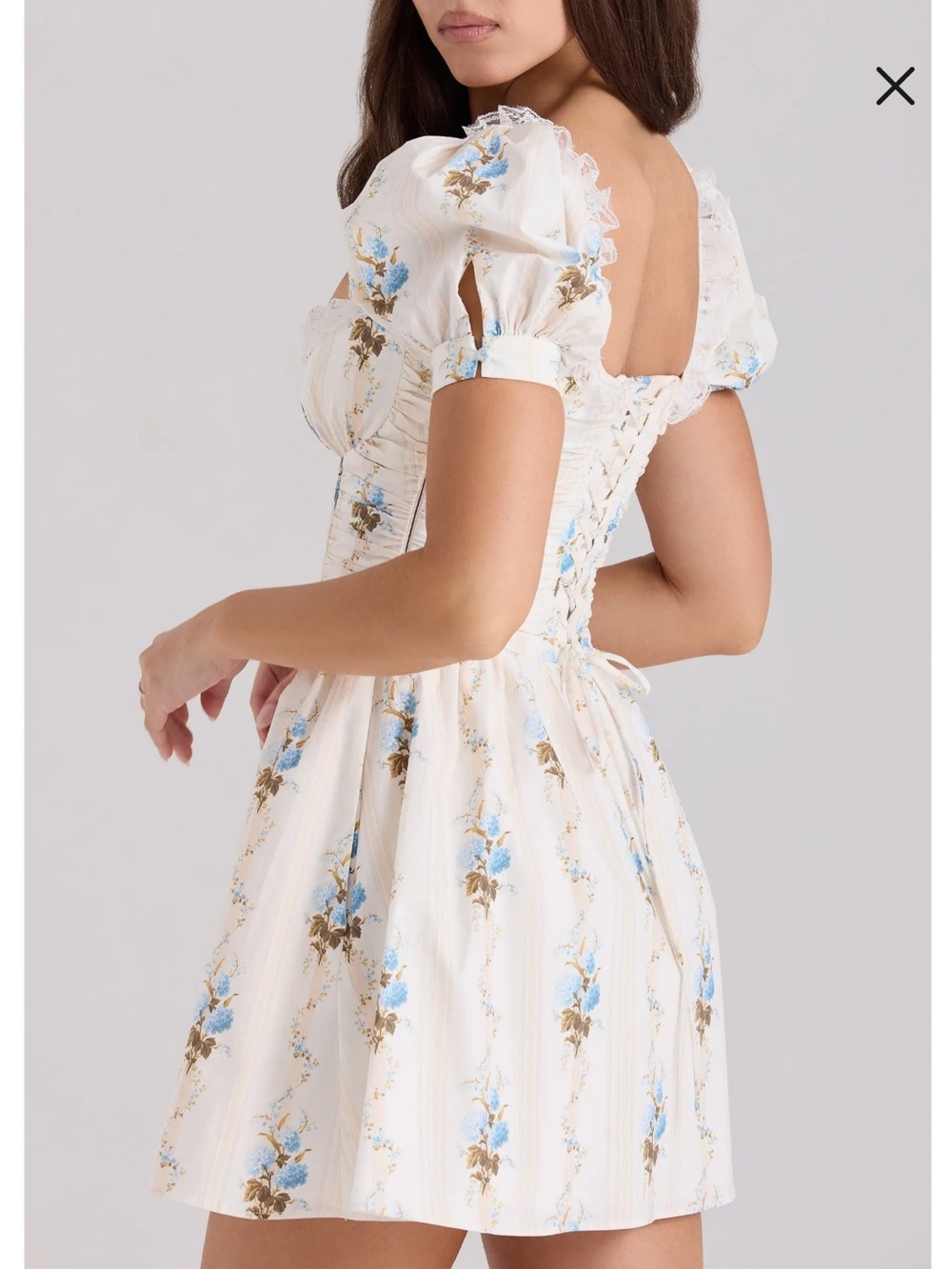 Ivory Floral Puff-Sleeve Corset Mini Dress - Blue & Brown - Picture 2 of 4